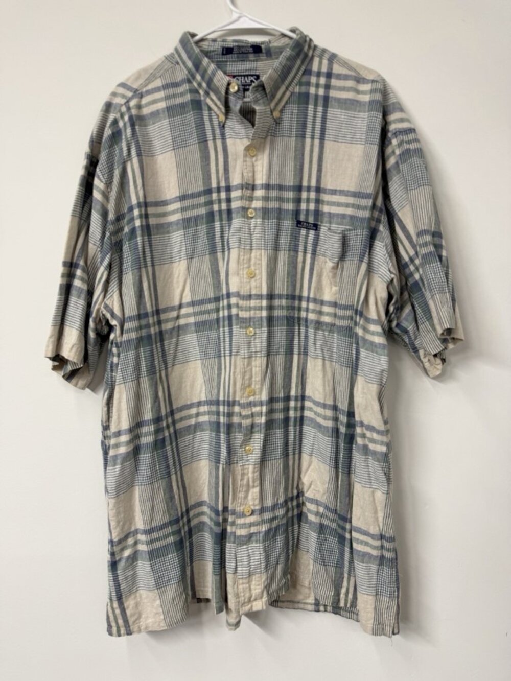 Chaps Ralph Lauren Men's 2XLT Blue Linen Button Down Shirt Short Sleeve Plaid